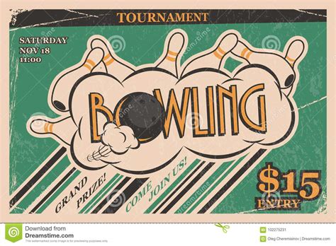 Bowling Tournament Invitation Vintage Poster. Bowling Strike in Retro ...