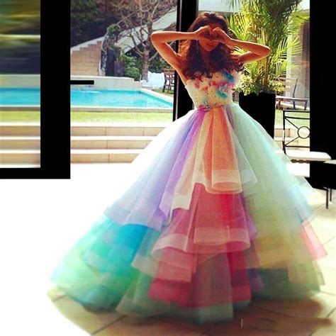 Rainbow Women Dress Custom Made Fantastic Cascading Ruffle Evening Gowns Strapless Floor Length ...