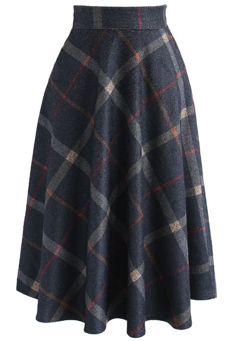 Step Nobly Wool-Blend A-Line Skirt in Navy Check - Retro, Indie and Unique Fashion