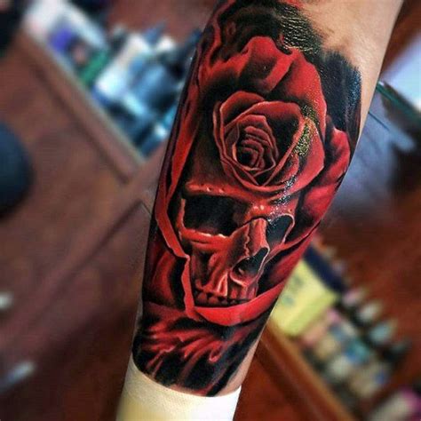 Red Rose Flower With Skull Realistic Inner Forearm Tattoos For Guys | Skull rose tattoos, Rose ...