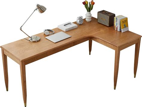 L-shaped Desk Solid Wood Computer Desk With Drawers, Home Gaming Desk, Office Writing Desk ...