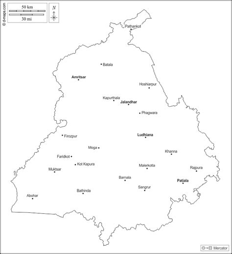 Punjab free map, free blank map, free outline map, free base map outline, main cities, names, white