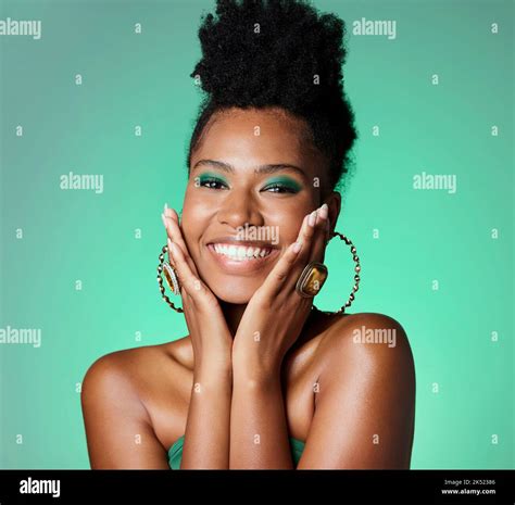 Creative green screen, face makeup and black woman with smile for facial cosmetics against a ...