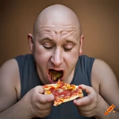 Bald man enjoying pizza