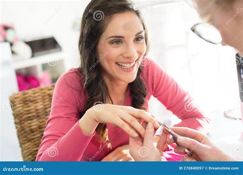 Happy Glad Female Client Doing Nails in Nail Salon Stock Image - Image of salon, girl: 270840097