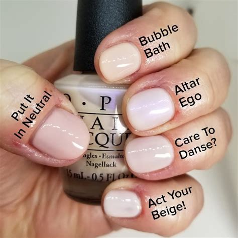 Comparison Swatches (all OPI) ♡ Put It In Neutral (thumb) • Bubble Bath (index) • Altar Ego ...
