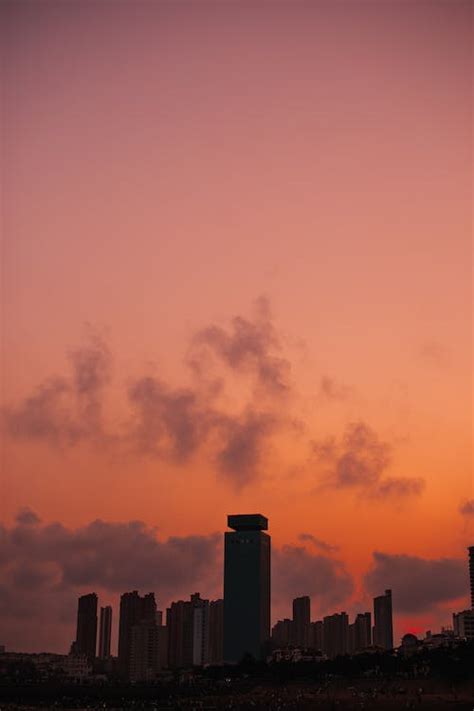 Wonderful pink sky with clouds over skyline at sunset · Free Stock Photo