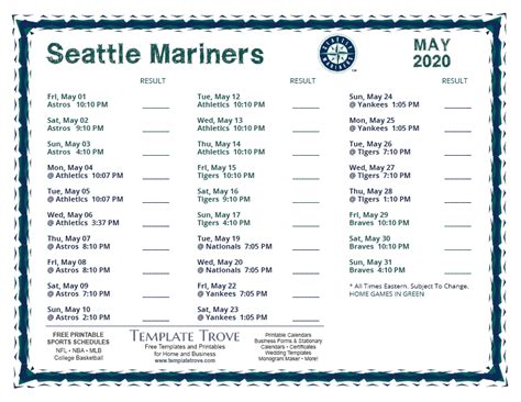 Printable 2020 Seattle Mariners Schedule