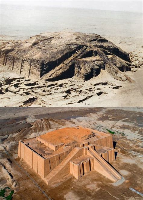 Before and after the excavation and restoration of the Great Ziggurat of Ur, built approximately ...