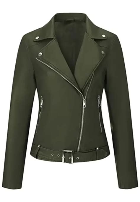 Women's Classic Dark Green Faux Leather Moto Jacket