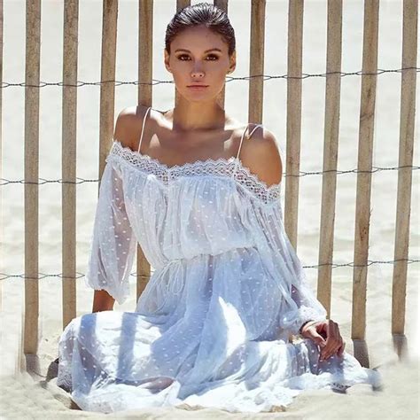 BOHO INSPIRED elegant lace Sheer white Asymmetrical summer dresses off shouder half sleeve ...