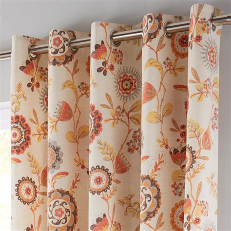 Orange Eyelet Curtains Floral Retro Geometric Ready Made Ring Top Curtain Pairs | eBay