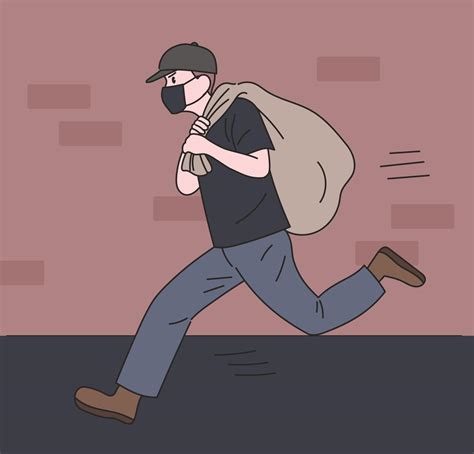 A thief is running away by stealing something in a sack. hand drawn style vector design ...