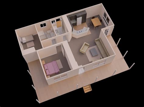 L Shaped Open Concept 2 Bedroom House Floor Plan Design 3d