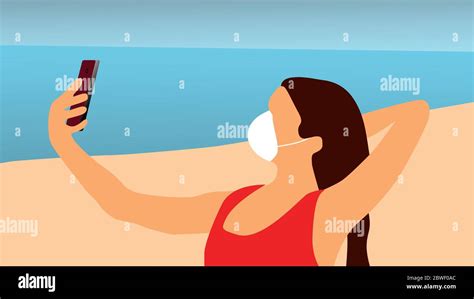 Girl in surgical mask on the beach with smartphone and makes selfie. Coronavirus. Simple flat ...