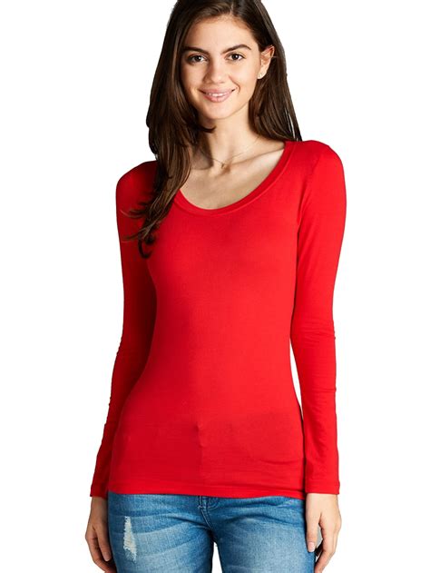 Women's Long Sleeve Scoop Neck Fitted Cotton Top Basic T Shirts-Plus ...