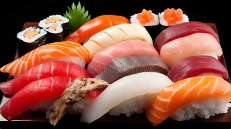 Sushi on Black Platter with Vegetables and Fish, Isolated Against a Black Background Stock ...