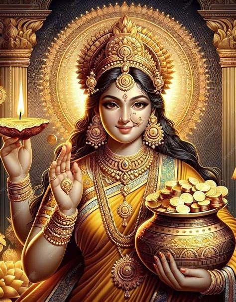 the hindu goddess holding a pot with gold coins in her hand and a lit candle