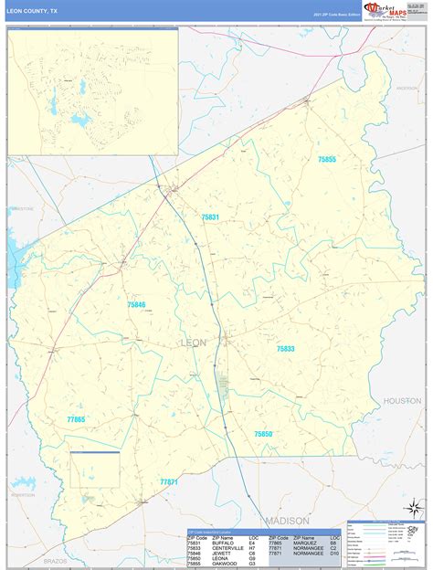 Leon County, TX Zip Code Wall Map Basic Style by MarketMAPS