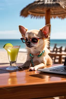 Female chihuahua typing on a computer at a beach bar and dri... by Destiny Dodge - Playground