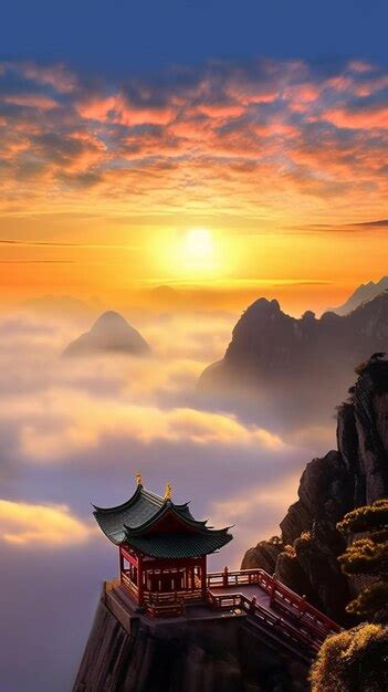 Premium AI Image | arafed view of a pagoda on a mountain with a sunset in the background ...