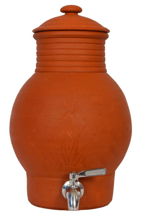 Village Decor Clay Water Pot with Lid (Pre-Seasoned) & 304 Stainless Steel tap (4 liter / 4000 ...