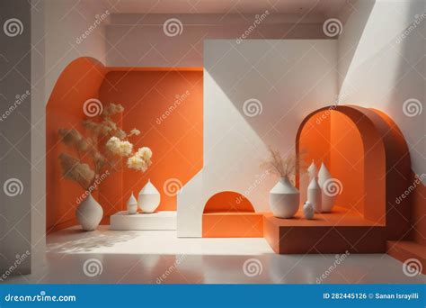 Interior of Modern Living Room with Orange and White Walls, Concrete Floor and Orange Vases with ...