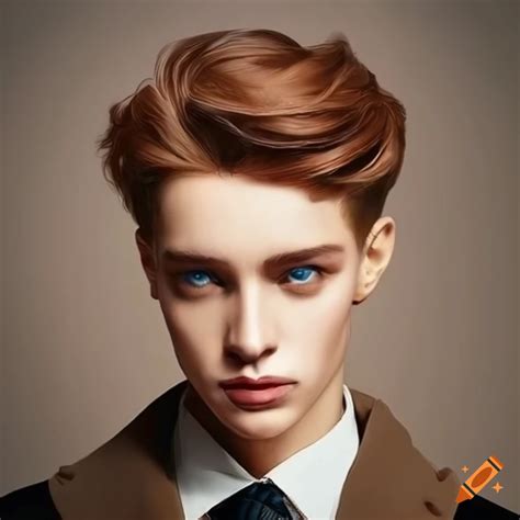 A portrait of handsome male with light brown wavy short hair wears 1900s vintage fashion coat on ...