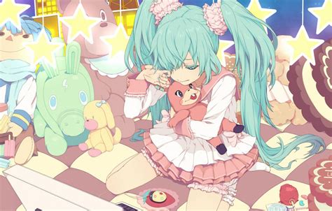 Wallpaper toys, tears, sweets, laptop, vocaloid, sitting, Hatsune Miku, stars, Vocaloid, blue ...