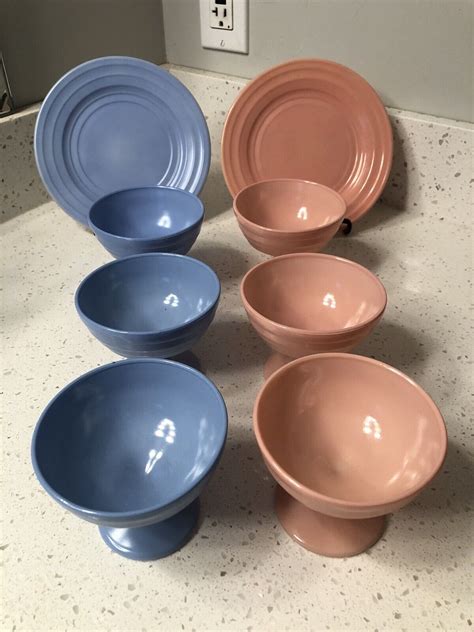 Hazel Atlas Moderntone Platonite Pink / Blue Sherbet Dishes Set Of 6 With Plates | eBay