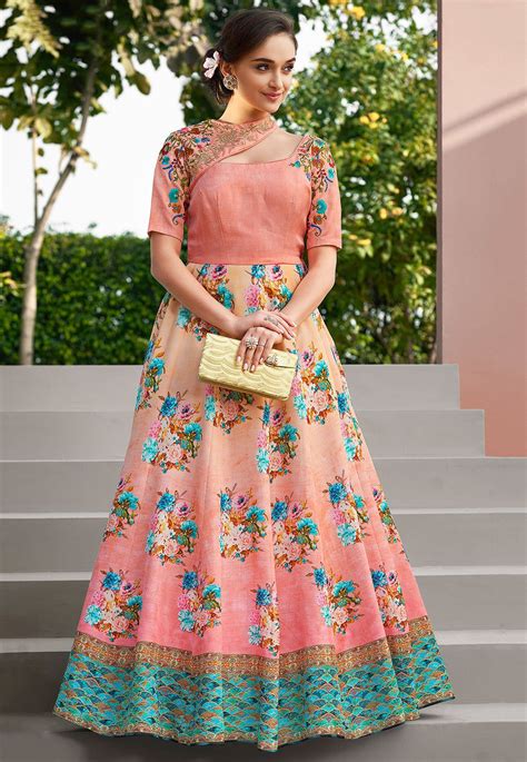 Digital Printed Art Silk Gown in Peach Ombre | Indian gowns dresses ...
