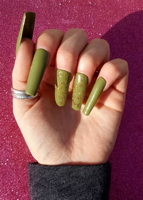 Olive green with gold foil flakes nail art xxl long luxurious | Etsy