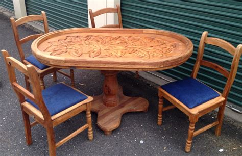 Unique Rustic Cottage Hand Carved Floral Design Wooden Dining Table WITH Chairs – Haute Juice