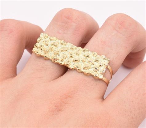 Men's Rectangular Nugget Diamond Cut Two Finger Ring Real 10K Yellow Gold S-11 | eBay