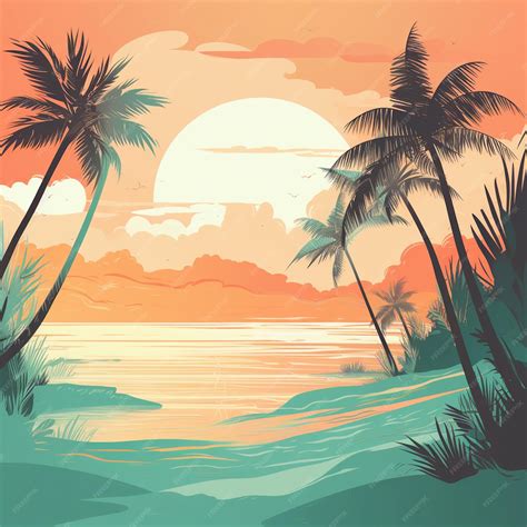 Premium Photo | Tropical beach sunset palmtrees illustration sunset clipart