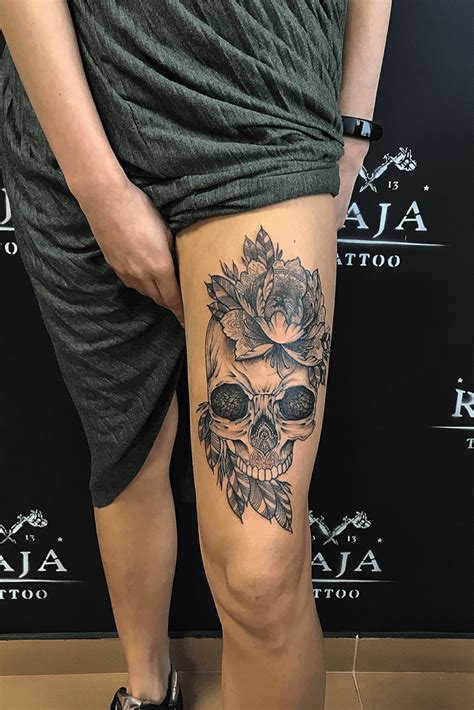 Flower Skull Leg Tattoo