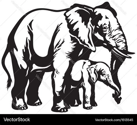 Elephant with baby black white Royalty Free Vector Image