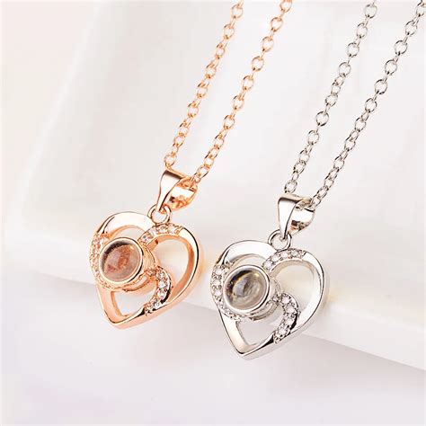 Romantic Love Memory Wedding Necklace Rose Gold&Silver 100 languages I love you Projection ...