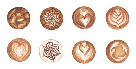 Set Latte Art, heart shape, ice coffee, latte art coffee. Watercolor ...