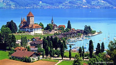 Spiez Castle, Switzerland Surrounded by magnificent vineyards, this castle stands directly on ...