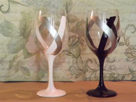 Hand Painted Wine Glasses (Set of 2) Black with Silver and White with ...