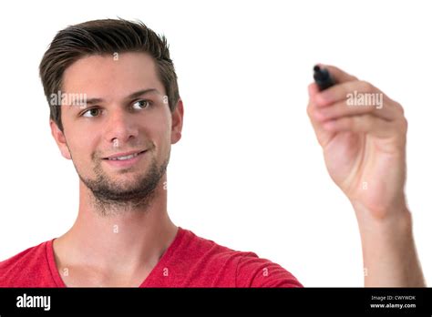 Young man with red t-shirt writing with permanent marker Stock Photo - Alamy