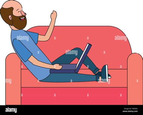 man using technology device laptop relax over couch vector illustration graphic design Stock ...