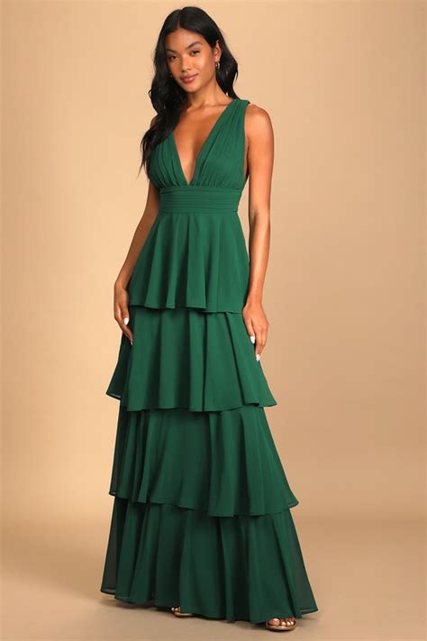 Hunter Green Dress - Tiered Maxi Dress - V-Neck Maxi Dress - Lulus