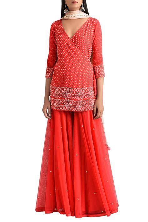 Shop MadSam TinZin - Red wrap kurta with gharara pants & net dupatta Latest Collection Available ...