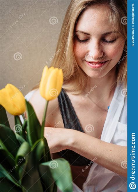 Beautiful Young Blond Woman with Tulip Bouquet. Close-up Spring Portrait Stock Photo - Image of ...
