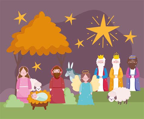 nativity, manger cute mary joseph baby jesus three kings donkey and lambs cartoon 2772730 Vector ...