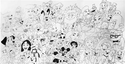 Sharpie drawing of one character from every Disney animated and Disney/Pixar animated movie ever ...