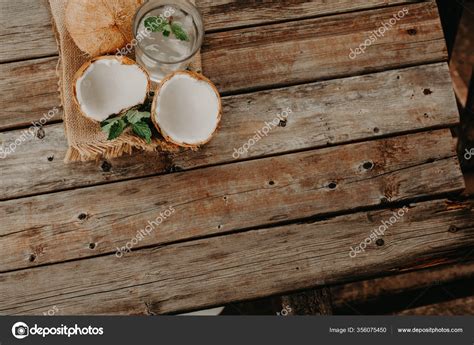 Coconut Water Fresh Delicious Coconut Water Wood Green Background Stock ...