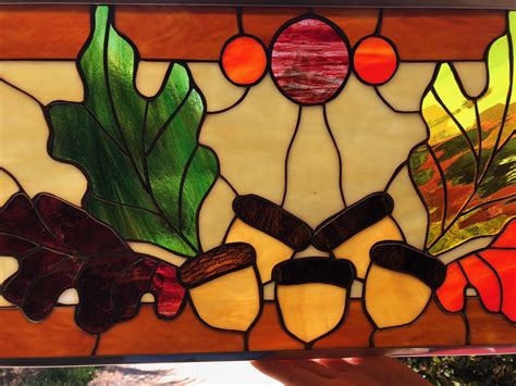 Autumn Leaves & Acorns Leaded Stained Glass Window Panel